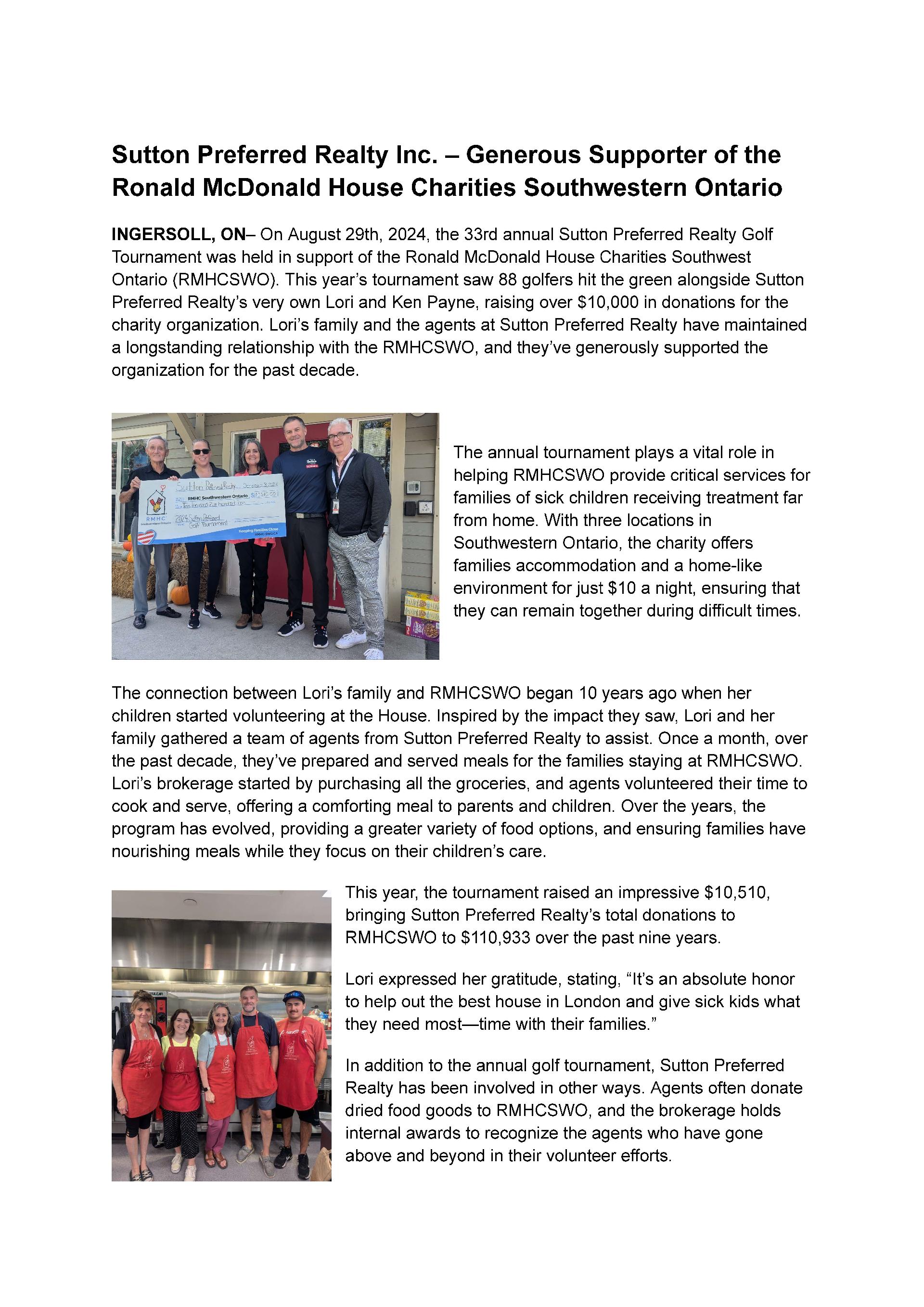 Sutton Preferred Raises $110,933 for RMHCSWO over past 9 years Picture