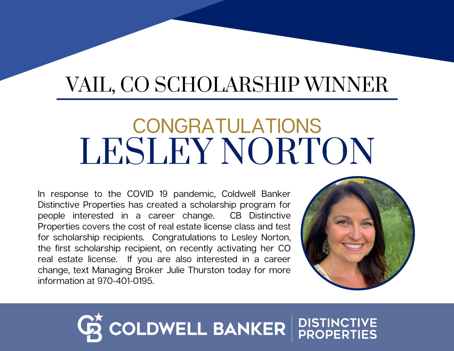 Congratulations Lesley Norton on being our first Scholarship Winner- Main Photo