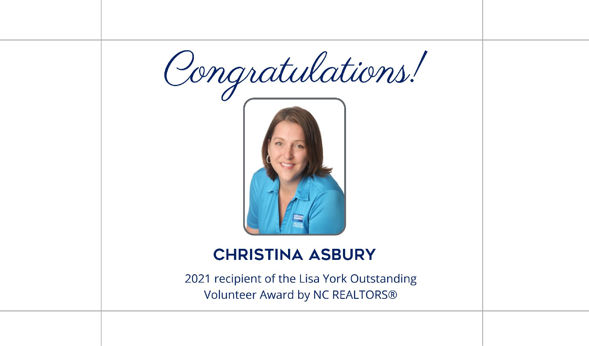 Christina Asbury 2021 recipient of the Lisa York Outstanding Volunteer Award by NC REALTORS® Main Photo